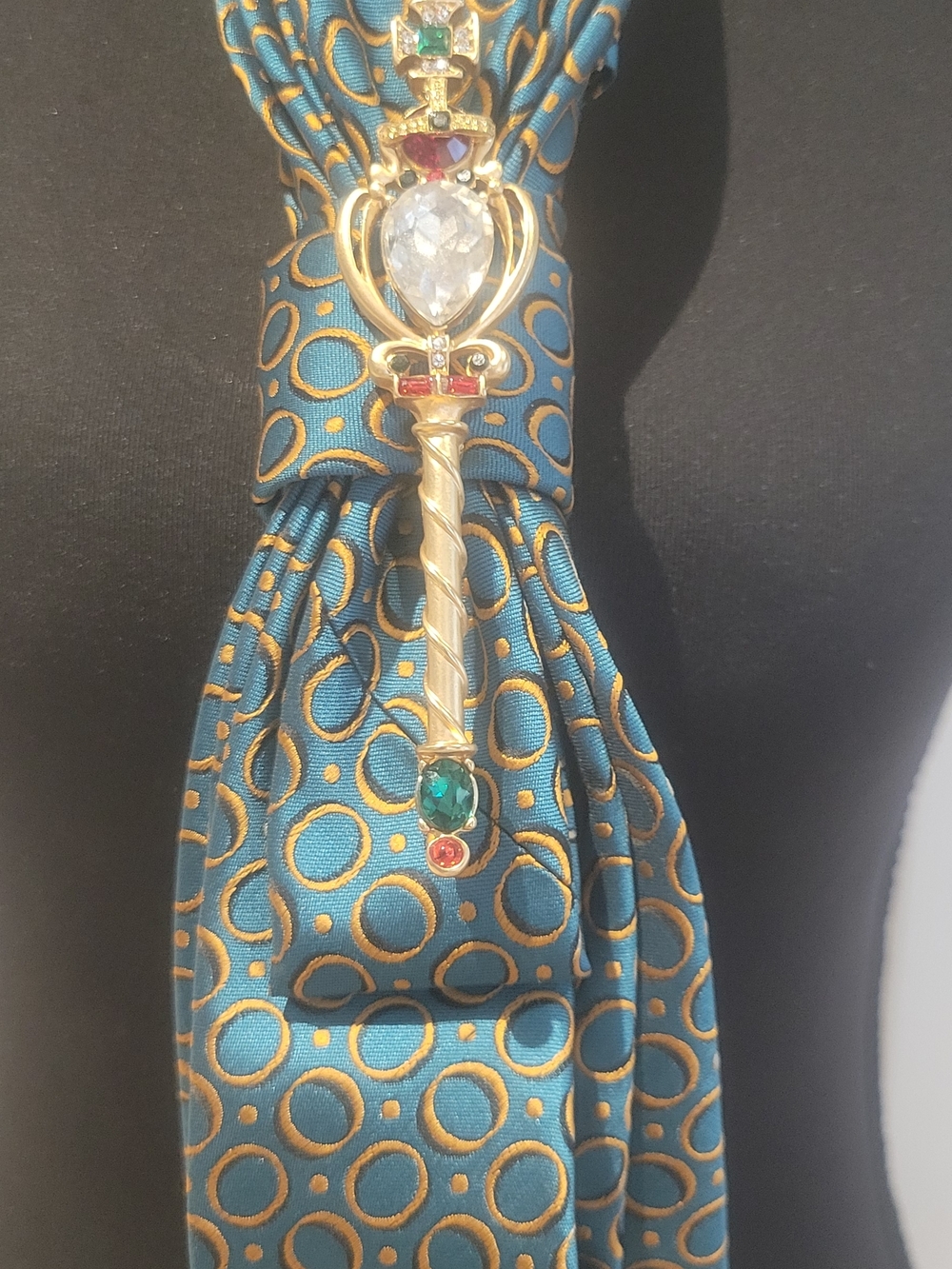 Teal and Gold Circles Silk Tie with Jeweled Gold Toned Scepter